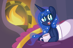 Size: 1101x720 | Tagged: safe, artist:pinkami, princess luna, g4, bed, blanket, chocoluna, cute, eye clipping through hair, female, fire, fireplace, hot chocolate, luna loves chocolate, solo, that pony sure does love chocolate