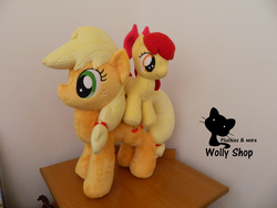 Size: 4320x3240 | Tagged: safe, artist:wollyshop, apple bloom, applejack, g4, hatless, irl, missing accessory, photo, plushie