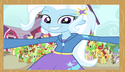 Size: 1255x720 | Tagged: safe, spike, trixie, apple family reunion, equestria girls, g4, my little pony equestria girls: rainbow rocks, family photo, photobomb, photobombing trixie, wrong aspect ratio