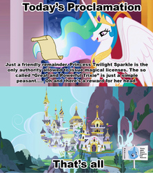 Size: 1021x1149 | Tagged: safe, princess celestia, trixie, g4, caption, celestia's proclamation, exploitable meme, great and powerful, meme, open mouth, reading, scroll, sign, smiling, spread wings