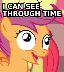 Size: 456x512 | Tagged: safe, scootaloo, g4, season 3, derp, drugs, high, image macro, meme, time travel