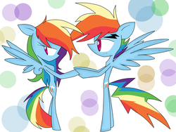 Size: 1024x768 | Tagged: safe, artist:luckyclau, rainbow dash, anthro, g4, female, holding hooves, looking away, male, rainbow blitz, rule 63, self ponidox, selfcest, ship:dashblitz, shipping, straight, tail between legs