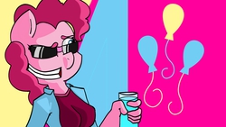 Size: 2560x1440 | Tagged: safe, pinkie pie, earth pony, anthro, g4, cool, cup, drink, funny, glass, party, sunglasses, tight clothing