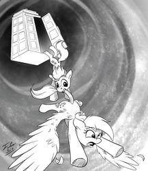 Size: 600x692 | Tagged: safe, artist:tsitra360, derpy hooves, doctor whooves, time turner, earth pony, pegasus, pony, g4, crossover, doctor who, female, grayscale, male, mare, monochrome, stallion, tardis, the doctor