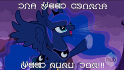 Size: 633x357 | Tagged: safe, edit, edited screencap, screencap, princess luna, g4, luna eclipsed, female, nightmare night, pony font, solo, traditional royal canterlot voice, universal greeting, yelling