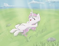 Size: 1011x790 | Tagged: safe, artist:novaquinmat, princess celestia, alicorn, pony, ask crystal crusaders, g4, cewestia, cloud, day, eyes closed, female, filly, grass, happy, lying down, lying on the ground, open mouth, pasture, rock, solo, sun light