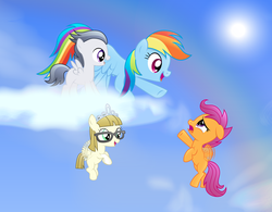 Size: 1600x1248 | Tagged: safe, artist:rainbownspeedash, rainbow dash, rumble, scootaloo, zippoorwhill, pegasus, pony, g4, buzzing wings, cheering, cloud, cloudy, colt, female, filly, foal, male, mare, scootaloo can fly, scootalove, wings