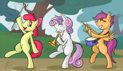 Size: 800x461 | Tagged: safe, artist:bingodingo, apple bloom, scootaloo, sweetie belle, pony, g4, baton, bipedal, cute, cutie mark crusaders, drums, horn, marching band, musical instrument, trumpet