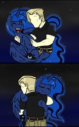 Size: 1000x1600 | Tagged: safe, artist:ichibangravity, princess luna, oc, oc:anon, alicorn, human, pony, g4, bellyrubs, comic, cute, duo, duo male and female, eyes closed, female, happy, holding a pony, hug, laughing, lunabetes, male, open mouth, petting, smiling, tickling