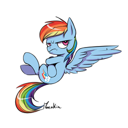 Size: 900x900 | Tagged: safe, artist:moenkin, rainbow dash, pegasus, pony, g4, crossed hooves, female, flying, frown, grumpy, grumpy dash, looking at you, mare, simple background, solo, spread wings, unamused, white background