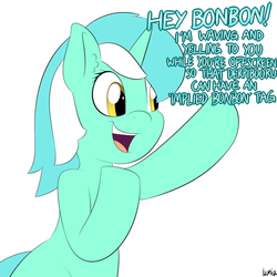 Size: 1000x1000 | Tagged: safe, artist:lamia, lyra heartstrings, pony, unicorn, g4, dialogue, ear fluff, female, implied bon bon, lamia did it again, meta, offscreen character, open mouth, simple background, smiling, solo, waving, white background