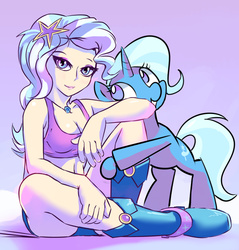 Size: 938x980 | Tagged: safe, artist:gsphere, trixie, human, pony, unicorn, g4, clothes, female, hug, human ponidox, humanized, looking at you, mare, smiling