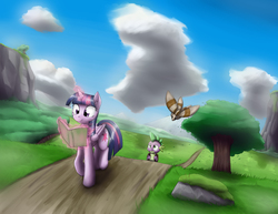 Size: 4327x3343 | Tagged: safe, artist:otakuap, spike, twilight sparkle, oc, oc:fluffy the bringer of darkness, alicorn, dragon, giant moth, insect, moth, pony, g4, animal, book, female, giant insect, magic, male, mare, path, reading, telekinesis, trio, twilight sparkle (alicorn)
