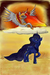 Size: 1982x2999 | Tagged: safe, artist:hawkheart11, nightmare star, princess celestia, princess luna, alicorn, pony, g4, desert, duo, female, role reversal, royal sisters, siblings, sisters