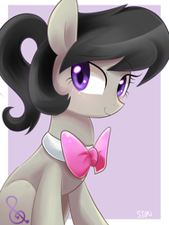 Size: 900x1200 | Tagged: safe, artist:sion-ara, octavia melody, earth pony, pony, g4, alternate hairstyle, bow, bowtie, female, mare, octavia's bowtie, sitting, smiling, solo