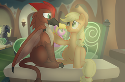 Size: 1024x675 | Tagged: safe, artist:faith-wolff, applejack, earth pony, griffon, pony, fanfic:the bridge, g4, crossover, duo focus, fanfic, female, godzilla, godzilla (series), kaiju griffon, male, mare, rodan, sitting, train