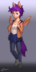 Size: 2104x4240 | Tagged: safe, artist:jggjqm522, scootaloo, human, g4, backpack, clothes, eared humanization, female, humanized, pony ears, simple background, solo, tailed humanization, winged humanization, wings