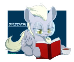 Size: 1412x1167 | Tagged: dead source, safe, artist:sion, derpy hooves, pegasus, pony, g4, alternate hairstyle, book, bright eyes (mirror universe), female, glasses, mare, mirror universe, reading, simple background, solo, tea, teacup, underp