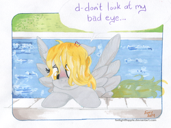 Size: 1206x900 | Tagged: safe, artist:foxxy-arts, derpy hooves, pegasus, pony, g4, female, hair over one eye, mare, solo, speech bubble, traditional art