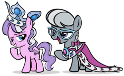 Size: 900x550 | Tagged: safe, artist:pixelkitties, diamond tiara, silver spoon, g4, cape, clothes, crown, glasses, simple background, transparent background