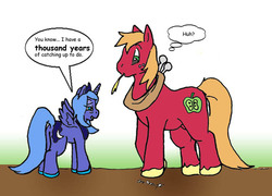 Size: 648x466 | Tagged: safe, artist:asuraludu, big macintosh, princess luna, alicorn, earth pony, pony, g4, bedroom eyes, butt, eyes on the prize, female, innuendo, male, mare, nudity, open mouth, plot, s1 luna, sheath, ship:lunamac, shipping, size difference, smiling, stallion, straight, traditional art
