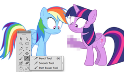 Size: 621x363 | Tagged: safe, artist:dm29, rainbow dash, twilight sparkle, alicorn, pegasus, pony, g4, blurry, censored, confession, duo, female, fourth wall, frown, mare, mosaic censor, twilight sparkle (alicorn), unfortunate design, unnecessary censorship, wide eyes