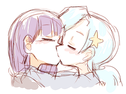 Size: 650x486 | Tagged: safe, artist:gyaheung, maud pie, trixie, human, g4, blushing, duo, female, humanized, kiss on the lips, kissing, lesbian, ship:mauxie, shipping