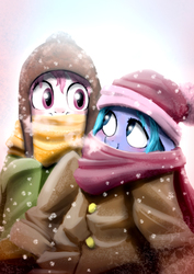 Size: 827x1169 | Tagged: safe, artist:doublewbrothers, princess celestia, princess luna, g4, blushing, cewestia, clothes, coat, cute, filly, hat, scarf, smiling, snow, snowfall, winter, woona