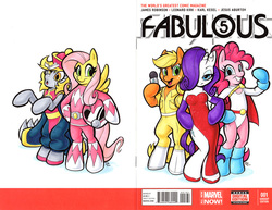 Size: 829x640 | Tagged: safe, artist:retrostarling, applejack, derpy hooves, fluttershy, pinkie pie, rarity, pony, g4, april o'neil, bipedal, cosplay, cover, hsien-ko, jessica rabbit, pink ranger, power girl, traditional art, who framed roger rabbit