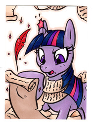 Size: 286x381 | Tagged: safe, artist:retrostarling, twilight sparkle, g4, female, quill, scroll, solo, traditional art