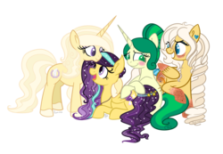 Size: 1023x707 | Tagged: safe, artist:rem-ains, oc, oc only, oc:arwen, oc:butter creme, oc:felicity mossrock, oc:ophelia vio, colored hooves, colored wings, colored wingtips, freckles, wingding eyes