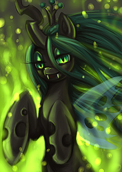Size: 2480x3507 | Tagged: safe, artist:ailish, queen chrysalis, changeling, changeling queen, g4, crown, fangs, female, fire, high res, jewelry, mare, regalia, solo