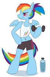 Size: 650x1000 | Tagged: safe, artist:spirn, rainbow dash, semi-anthro, g4, blushing, female, piercing, solo, water bottle, weights, workout