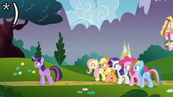 Size: 1920x1080 | Tagged: safe, artist:dowlphin, applejack, fluttershy, pinkie pie, rainbow dash, rarity, twilight sparkle, alicorn, pony, g4, female, mare, size difference, twilight sparkle (alicorn)