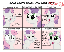 Size: 1600x1300 | Tagged: safe, artist:varemia, sweetie belle, sweetie belle (g3), mentally advanced series, rainbow dash presents, g3, g3.5, g4, newborn cuties, bipedal, dialogue, doing loving things, looking at you, meme, open mouth, sweat, thrackerzod