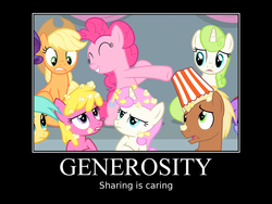 Size: 1600x1200 | Tagged: safe, artist:dowlphin, screencap, applejack, cherry berry, meadow song, minty green, pinkie pie, rarity, sunshower raindrops, twinkleshine, equestria games, g4, demotivational poster, generosity, meme, popcorn