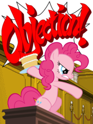 Size: 600x793 | Tagged: safe, artist:dowlphin, pinkie pie, g4, ace attorney, cake, crossover, female, objection, solo