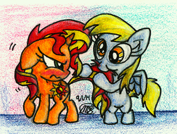 Size: 1024x778 | Tagged: safe, artist:loreto-arts, derpy hooves, sunset shimmer, pegasus, pony, unicorn, g4, nom, tail bite, traditional art, younger