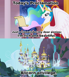 Size: 1021x1149 | Tagged: safe, princess celestia, g4, celestia's proclamation, exploitable meme, meme, misspelling, rich and beautiful