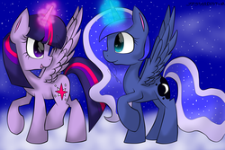 Size: 3000x2000 | Tagged: safe, artist:meotashie, princess luna, twilight sparkle, alicorn, pony, g4, duo, female, glowing, glowing horn, high res, horn, mare, twilight sparkle (alicorn)