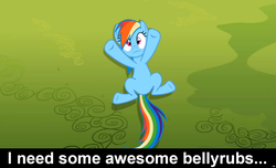 Size: 1600x973 | Tagged: safe, rainbow dash, pegasus, pony, g4, awesome, bellyrubs, bronybait, caption, cs captions, featureless crotch, female, legs in air, mare, on back, solo, spread legs