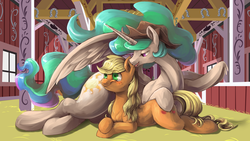 Size: 2123x1194 | Tagged: safe, artist:audrarius, edit, applejack, princess celestia, alicorn, earth pony, pony, g4, accessory swap, alternate hairstyle, barn, bedroom eyes, blushing, cowboy hat, ear bite, female, fluffy, frown, hat, lesbian, licking, mare, missing accessory, prone, ship:applelestia, shipping, smiling, spread wings, stetson, sweat, tongue out, wallpaper, wide eyes