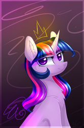 Size: 889x1345 | Tagged: safe, artist:snowsky-s, twilight sparkle, alicorn, pony, g4, abstract background, chest fluff, ear fluff, ethereal crown, ethereal wings, female, floating crown, floating wings, mare, shoulder fluff, solo, twilight sparkle (alicorn), wings
