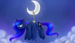 Size: 3500x2000 | Tagged: safe, artist:snowsky-s, princess luna, alicorn, pony, g4, cloud, cloudy, female, high res, moon, rope, solo, tangible heavenly object