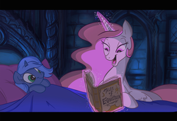 Size: 1078x739 | Tagged: safe, artist:jowyb, princess celestia, princess luna, alicorn, pony, g4, bed, bedtime story, book, celestia's bedtime story, cute, don bluth, don bluth style, female, filly, leaning, letterboxing, lunabetes, magic, open mouth, pink-mane celestia, reading, siblings, sisters, smiling, telekinesis, woona, younger
