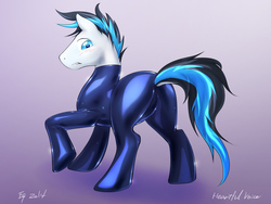 Size: 1200x900 | Tagged: safe, artist:equus, oc, oc only, oc:heartful voice, earth pony, pony, blushing, clothes, dolce tikky, implied tail hole, latex, looking back, looking down, male, skinsuit, stallion, suit, tail, tight clothing