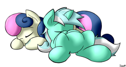 Size: 1500x800 | Tagged: safe, artist:ramott, bon bon, lyra heartstrings, sweetie drops, earth pony, pony, unicorn, g4, cute, drool, duo, eyes closed, on back, prone, simple background, sleeping, white background