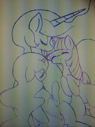 Size: 768x1024 | Tagged: safe, artist:yuzuko, princess celestia, princess luna, twilight sparkle, alicorn, pony, g4, cuddling, female, mare, snuggling, twilight sparkle (alicorn), wip