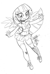 Size: 845x1257 | Tagged: safe, artist:danmakuman, twilight sparkle, human, equestria girls, g4, belly button, clothes, female, humanized, microskirt, midriff, miniskirt, monochrome, short shirt, sketch, skirt, solo, t-shirt, thigh highs, thigh socks, twilight sparkle (alicorn), winged humanization, zettai ryouiki