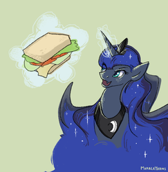 Size: 831x854 | Tagged: safe, artist:marbleyarns, princess luna, g4, female, food, magic, sandwich, solo, telekinesis